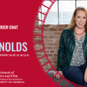 Alumni Career Chat with Kat Reynolds, Oct. 29 at 12:40pm. A smiling woman with light brown hair and a black leather jacket is sitting in front of a brick wall with a window.